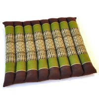 Thai Seat Cushion Mat Brown Green Flowers 35x35cm with Ribbon