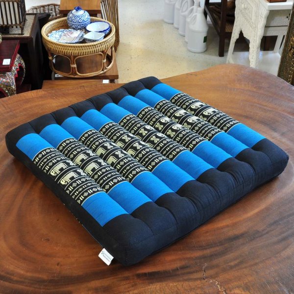 Thai Seat Cushion Meditation Elephants Black Aquamarine 50x50cm